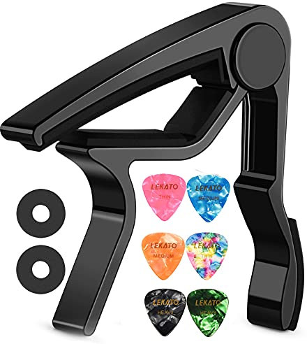 Lekato LGC-1 Kapodaster mit 6 Plektren für Akustik- und E-Gitarre, Ukulele, Mandoline, Banjo, Schwarz