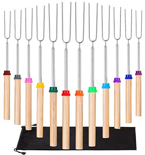 Argthjy Marshmallow - Bastoncini da tostatura, Accessori per Spiedo, 12 pezzi, telescopici spiedini per torrefazione da 32 cm, in legno per hot dog Marshmallow Smore