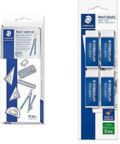 Staedtler 557 10 Noris Math Kit Di Strumenti Per Le Prime Lezioni Di Matematica: Matita, Temperino, Compasso, Righello, Squadre, Goniometro & Confezione Da 4 Gomme Per Cancellare Mars Plastic Bianco
