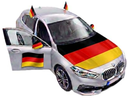 Auto Fahnen Deutschland Komplett Set - Motorhaubenfahne, 2 Autofahnen Fenster, 2 Außenspiegelfahnen & 2 Magnet Autofahnen, Fußball EM & WM Fanartikel, Deutsche Flagge Fahrzeug Deko