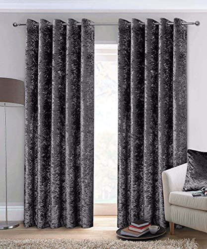 QM-Bedding® Designer CRUSHED Velvet Curtains Eyelet Top Fully Lined Curtain Pairs Charcoal, 46 x 54 (117cm x 137cm)