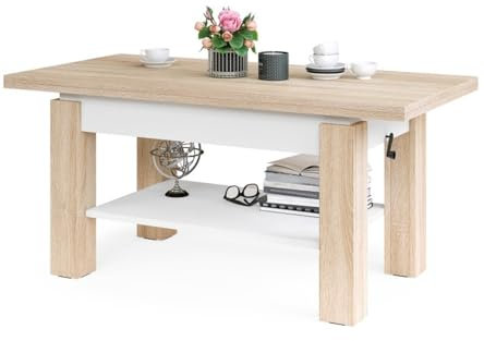 Schöner All4All Couchtisch Bresso 130x65 - Wohnzimmertisch - Klapptisch - Couchtisch höhenverstellbar - mit Ablagefach - Sofatisch mit Stauraum - Sonoma mit Weiß 05 (Sonoma Eiche + Weiß)