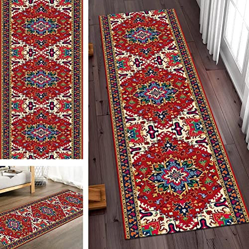 SGLGSTORE Teppich Läufer Flur rutschfest Küche, Korridor Teppichläufer Rot Marokkanische 3D-Druckmuster Küchenteppich ModernesWaschbar Polyester Schlafzimmer Wohnzimmer Gang 70X550CM Dicke 6mm