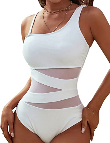 Blooming Jelly Women's Sexy One Piece Bathing Suits Slimming Mesh Swimwear One Shoulder Swimsuits for Women 2026 (Large, White)