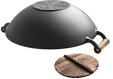 ZXFDMSWJ Wok-Pfanne aus Gusseisen, 40 cm, Alter Wok, runder Boden, mit 2 Griffen und Holz-Wok-Deckel, unbeschichtet, verdickt, flach