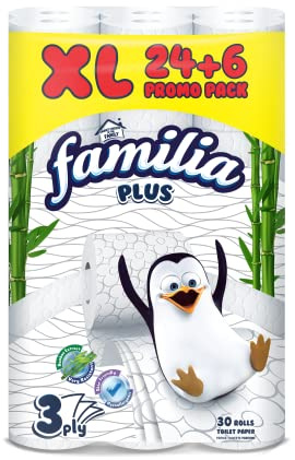 Familia Plus 3 Ply Toilet Paper - 30 Pack Bamboo Toilet Roll - Hypoallergenic, Skin-Friendly, Soft and Very Resistant Tissue - 130 Sheets/Roll