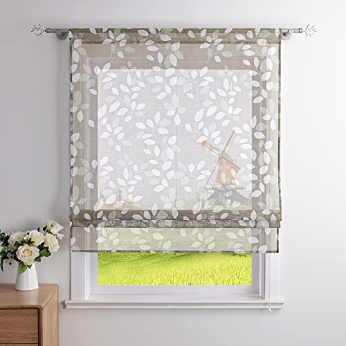 CORLIF Raffrollo Leinenoptik mit Tunnelzug Küche Raffgardine Blätter-Druck Fenster Bändchenrollo Transparenter Kurz Vorhang Landhausstil B/H 120/140 cm Braun