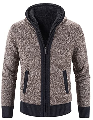 Cardigan da uomo lavorato a maglia grossa, tinta unita, foderato in pile, giacca in lana, cardigan unisex fatto a mano, caldo autunno e inverno risvolto maglione cappotto, Caff, M