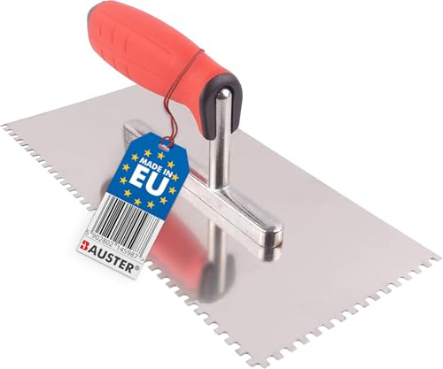BAUSTER® Edelstahl Glättkelle 270 x 130 mm mit Zahnung Zahnspachtel Zahnkelle zum Verlegen Glättscheibe Traufel Robust Edelstahlkelle mit Softgriff unentbehrlich beim Fliesen (6x6 mm)