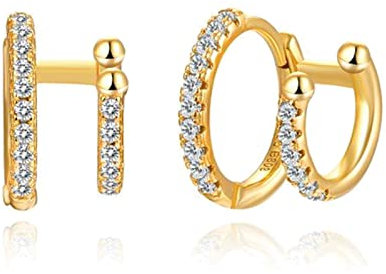 Ohrringe Creolen Gold, 925 Ohrringe Kubikzirkonia Doppelring Gold