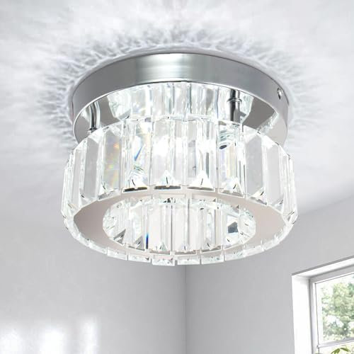 Finktonglan Plafoniera LED in cristallo moderna, lampada da soffitto rotonda semi-incasso con doppio anello in acciaio inox per soggiorno camera cucina (bianco freddo)