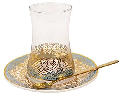 KEYVOR Vidrio Taza de té Turco Tazas Conjunto platillos con Cuchara Taza de café romántico Vidrio exótico Taza Taza de té de Oro Azul decoración de la Cocina Beber Jarra Vidrio