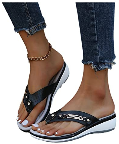 Sandalias Ortopédicas Con Separador De Dedos Chanclas De Diamantes De Imitación De Moda for Mujer Flip-Flops De Cuero PU De Verano Zapatillas Plataforma Zapatos De Playa ( Color : Black , Size : 41 EU