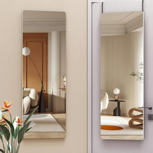 Hasipu Wandspiegel Metallrahmen, 120 x 40cm Spiegel Hartglas, Ganzkörperspiegel Wand- & Türmontage, Türspiegel mit Haken, Hängespiegel für Schlafzimmer Garderobe Eingang, Rund Weiß