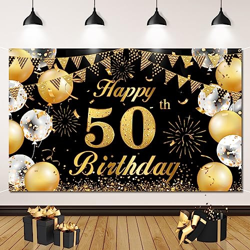 Deko 50. Geburtstag Mann, Geburtstagsbanner 50 Extra Große Geburtstag Hintergrund Banner, 50 Geburtstag Frau Partydeko, 180 x 110 cm Happy Birthday Banner Schwarz Gold Mit 10 m Weißem Band