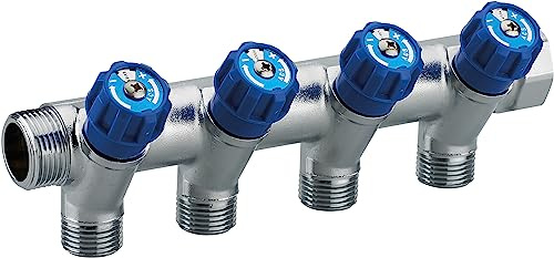 Collettore maschio-femmina 3/4 con rubinetto blu e 4 uscite maschio 1/2 | Ottone | Connessione sicura e durevole | Ideale per impianti idraulici | Facile da installare | QUICK PLOMBERIE