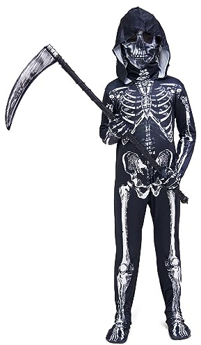 ZUCOS Mono unisex para niños, esqueleto 3D, disfraz de hueso, disfraz de Halloween, traje completo con máscara y hoz (negro, 10-12 años)