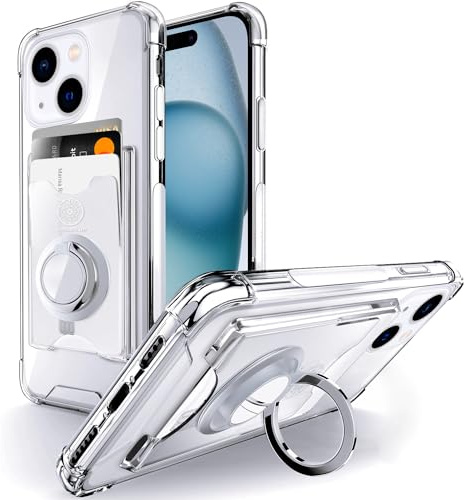 SHIELDS UP for iPhone 15 with Card Holder & Ring Kickstand. | Wallet Minimalist Case,Transparent Slim Shockproof TPU Bumper Cover for iPhone 15 6.1''- Clear