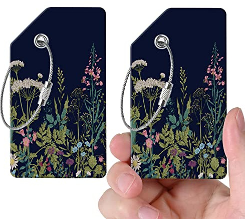 2 Luggage Tags, (1 Smaller Than Traditional) Perfect for Quick Luggage Identification with Stainless Steel Ring and Address Card for Travel and Luggage (Flower)