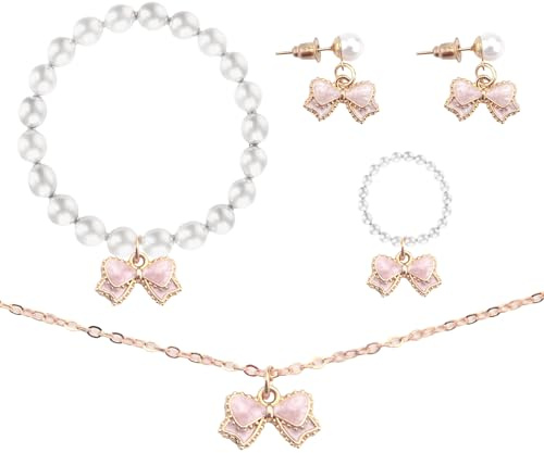 4 PCS Girls Jewellery Set Kids Jewellery Sets for Girls Jewellery Sets for Kids Bow Pendant Pearl Girls Bracelets Necklace Rings Earrings Childrens Jewellery for Girls Daughter (pink)