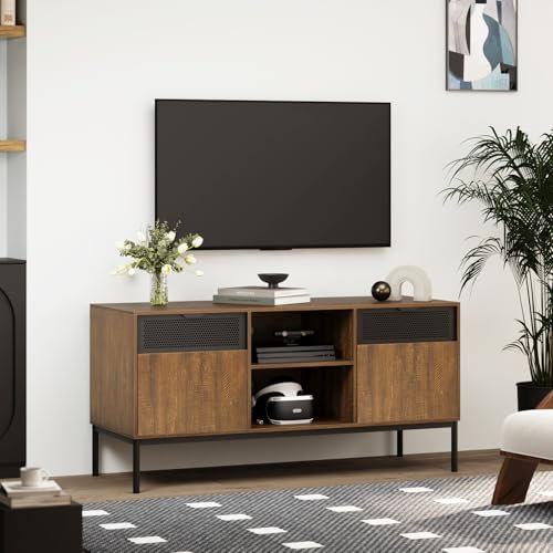 Mondeer TV Unit, TV Stand Cabinet for up to 50'' TV, TV Table with 2 Doors and Adjustable Shelves, for Living Room Bedroom, Industrial Style, Rustic Brown and Black, W108 x H52.5x D40 cm