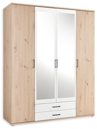 Chicago - Armoire élégante avec Beaucoup d'espace de Rangement - Armoire à Portes pivotantes Polyvalente Aspect chêne Artisanal et décorations en Blanc - 159 x 197 x 54 cm (l x H x P)