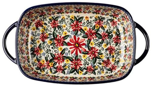 UIOPPOI Bohemian Ceramic Large Bakeware with Double Handle, Rectangular Lasagna Pan Vintage Pastoral Baking Dish Porcelain Baking Pan for Kitchen Cooking Dinner,Microwave Safe 33.6X19X7.1CM A