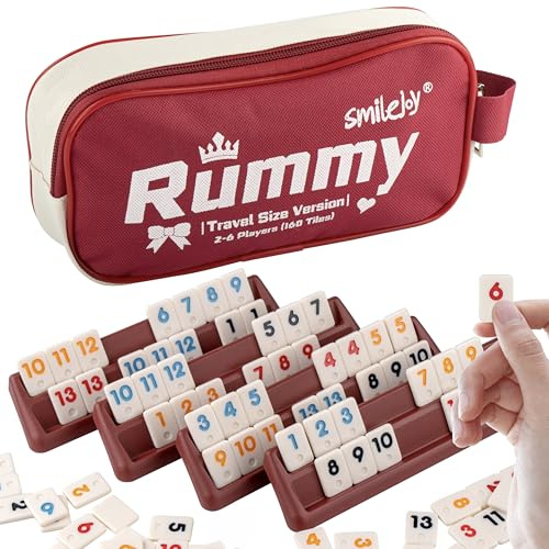 Smilejoy Mini Rummy Cube Six Player Edition, Reise-Rommé-Spiel-Set mit tragbarer Tasche, 160 Spielsteine, 6 Spielregale, 1 Würfel (2–6 Spieler) | 6 Spielregale, 4 Joker, Reisetasche, 160 farbcodierte nummerierte Spielsteine, Reisespiel für 2–6 Spieler, Geschenkidee