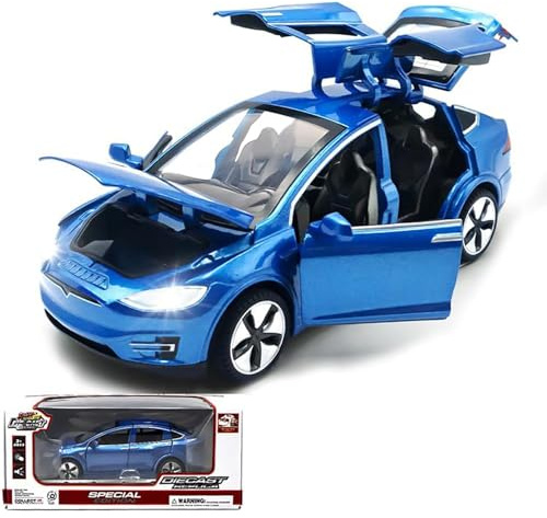 TOPRON Tesla Model X 1:32 Modellino, Giocattolo Elettronico in Lega Pressofusa con Funzione di Arretramento, con Luci e Musica, mini Veicolo Giocattolo come Regalo per Bambini (Blu)