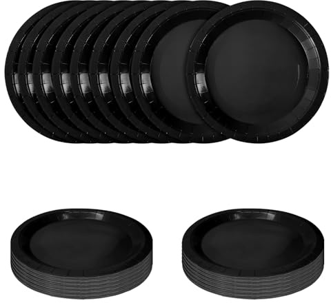 SietDESEO Lot de 50 assiettes jetables en carton noir de 17,8 cm pour Halloween, mariage, fête prénatale et fêtes d'anniversaire