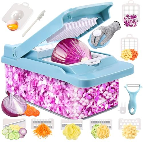 Swetfela Vegetable Chopper, 18 in 1 Chopper Vegetable Cutter, Mandoline Vegetable Slicer Multifunctional, Veg Chopper with 7 Blades, Mitten and Peeler, Food Chopper for Cutting Vegetables and Fruit