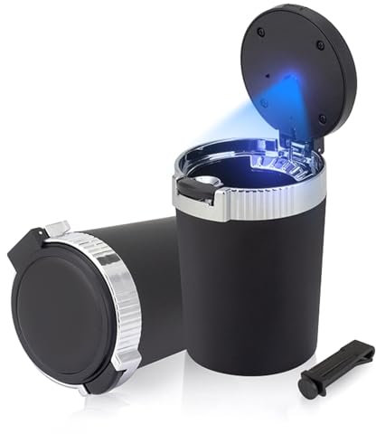 Chingde Aschenbecher mit Deckel, Aschenbecher Auto, Automatisches LED-Licht, Flammhemmend, Versiegelt, Abnehmbar, Hochtemperaturbeständig, Großem Fassungsvermögen (2 Stück)