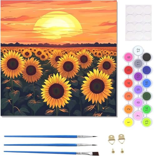 Sonnenblume Landschaft Malen Nach Zahlen Erwachsene, Handgemalt Ölgemälde Leinwand Kits, Bastelset AnfäNger Knitterfreie Leinwand, Pinsels Und Acrylfarbe, Malen Nach Zahlen Set Geschenk 30x30cm U-9453