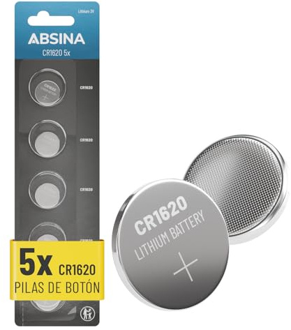 ABSINA CR1620 3V Lithium Knopfzelle - auslaufsicher & Lange Haltbarkeit | 5er Pack CR 1620 Knopfbatterie für Autoschlüssel, Uhr und vieles mehr - 3 Volt Batterien