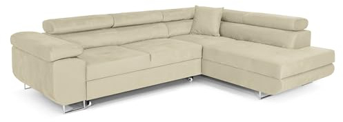 COMFORTINO FURNITURE Ecksofa mit Schlaffunktion PASTI L-Form, Sofa Couch mit Bettkasten, 3-Sitzer Eckcouch, Schlafsofa für Wohnzimmer, Big Sofa Couch mit Schlaffunktion (Beige, Ottomane Rechts)