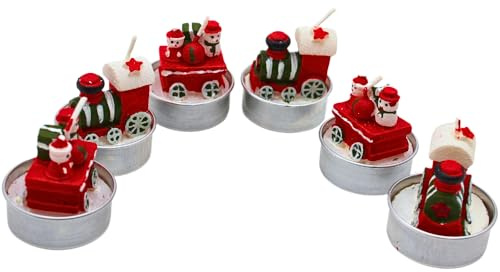 6er Set Teelicht Lokomotive - Figurenkerze, Zierkerze, Dekokerze als Zug in rot, weiß und grün, Maße je Teelicht L/B/H: 4 x 4 x 4 cm.
