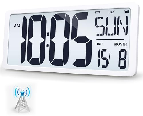 47 cm große Atomuhr mit Hintergrundbeleuchtung, digitale Wanduhr, batteriebetrieben mit Ladefunktion, Jumbo-LCD-Display, Uhrzeit/Kalender/Temperatur für Wand, Schlafzimmer, Klassenzimmer, Büro