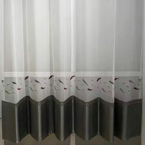 Wycian Gardine Querbehang Oben Vorhang Grau Voile 2er Pack Fische Bestickt Patchwork H138 x B102 cm (2er Pack) Gaze