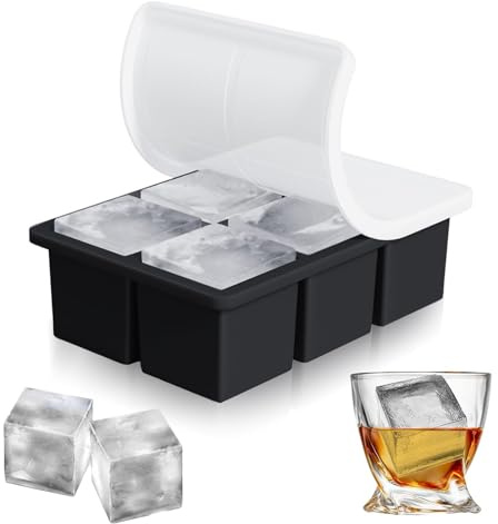 Silikon Eiswürfelform mit Deckel - 6-Fach 4.8cm Quadratische Ice Cube für Whisky, Cocktails, Wein, Obst, Fruchtpürees, Eiscreme (Schwarz)