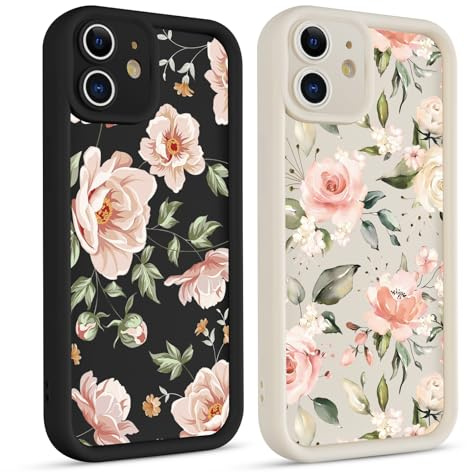 Phoona 2 packs Floral Print Phone Case for iPhone 12 mini 5,4'', Flower Pattern Aesthetics Design with Cute Full Camera Lens Cover, Soft Shockproof Protective Bumper Funda for Women Girls, 12