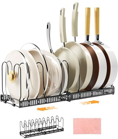 Expandable Pan Organiser Rack with 10 Dividers Expandable Pot Lid Rack | Adjustable Pans Organiser witn Compartments, for Cupboard Chopping Board Holder, with Cleaning Cloth, Black