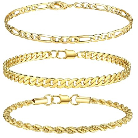 LOYALLOOK 3Pcs Chain Bracelets for Men, 316L Stainless Steel Figaro Rope Cuban Link Bracelet for Men Women 14K Gold Plated, Gifts for Dad Husband 6.5 Inches