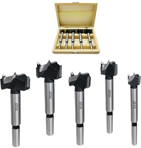 TCT-Forstner - Set di 5 punte per trapano a ala piatta in acciaio al carbonio con punta in carburo di tungsteno, lame per sega a trapano per legno, utensili per la lavorazione del legno Ø15-20-25-30
