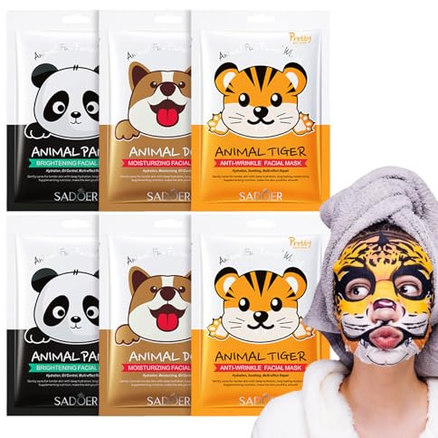 Face Masks Skincare- 6 Sheet Animals Face Mask Moisturizing And Smoothing Face Mask Gift Set Improve Dullness & Brighten- Face Masks Gifts For Kids Teenage Girls (6pcs A)