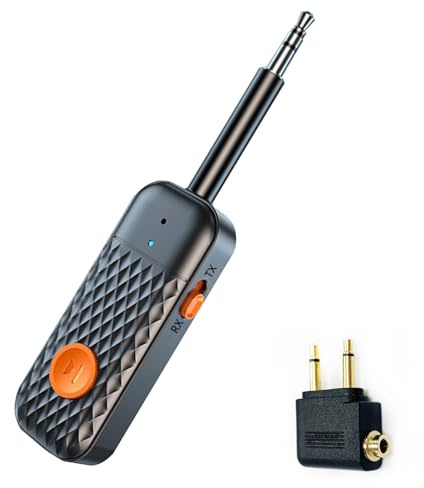 GUOMIS Transmisor de audio Bluetooth 5.3, adaptador Bluetooth para avión, compatible con 2 AirPods o auriculares con aptX Adaptive, transmisor Bluetooth jack 3.5, para viajes aéreos, gimnasio, TV, PC