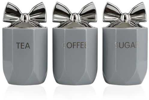ONE BEST DEAL OBD Ceramic Tea Coffee Sugar Canister Set Airtight Kitchen Storage Jars with Silver Lids for Home Countertop Organization Other Sweet Treats Kitchen Accessories (Grey)