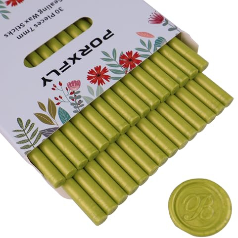 30 Stück 7mm Siegel Wachs Sticks für Klebepistole, PORXFLY Mini-Siegelwachsstäbe, ideal für Karten, Umschläge, Hochzeitseinladungen, Geschenkverpackungen, Weinpakete (Matcha Grün)
