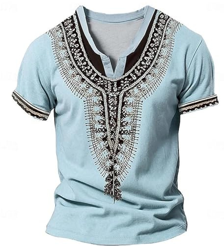 Camiseta para hombre con cuello en V, camisa estampada retro, informal, con botones, manga corta, deportiva, camiseta de tirantes para hombre, corta y ajustada, azul celeste, XL