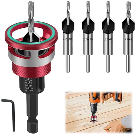 XPJBKC Kegelsenker Bohrer Set, 6 tlg Präzise Bohrungen Bohrsenker, Metall Senker Holzbohrer mit Tiefenanschlag, 1/4 Hex Schaft, für Holzverarbeitung Bohrungen