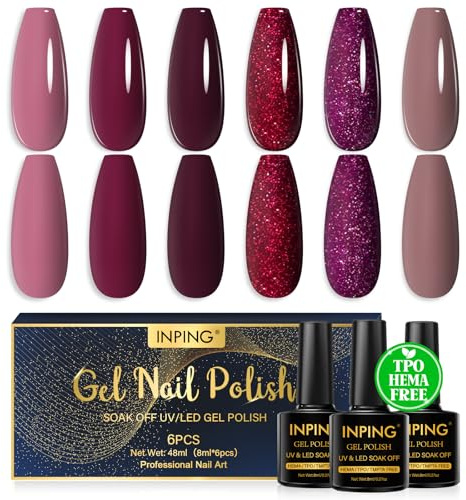 INPING UV Nagellack, HEMA-FREE TPO-FREE, 6 Farben Dunkelviolett Rot Dunkelrosa Braun Glitzer Gel Nägel Soak-Off UV/LED Gel Nagellack für Frauen DIY Nail Art Design, 8 ML